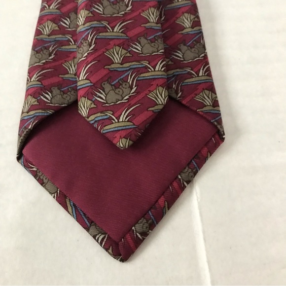 HERMES Tie Bunny Rabbit Tie Luxury Silk Red Background with Brown Tan Blue - Picture 4 of 12